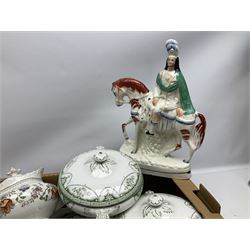 19th century Staffordshire flat back figure of a huntsman on a horse, together with a quantity of Victorian and later ceramics to include two lidded tureens, teapot etc