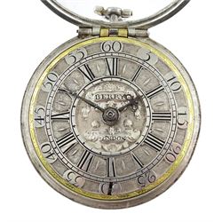 18th century silver pair cased verge fusee pocket watch by John Berry, London, No. 750, Egyptian pillars, pierced and engraved balance cock with scallop shell decoration, silver champleve dial with gilt border, Roman hours and outer Arabic minute ring, steel beetle and poker hands, dial signed Berry London