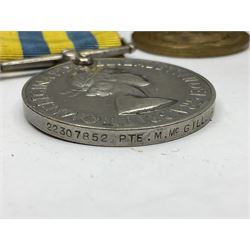 Korean War group of three medals comprising ERII Korea Medal awarded to 22307852 Pte. M. McGill R.A.M.C., UN Korea Medal and ERII General Service Medal with Malaya clasp to 22307852 Cpl. M. McGill R.A.M.C.