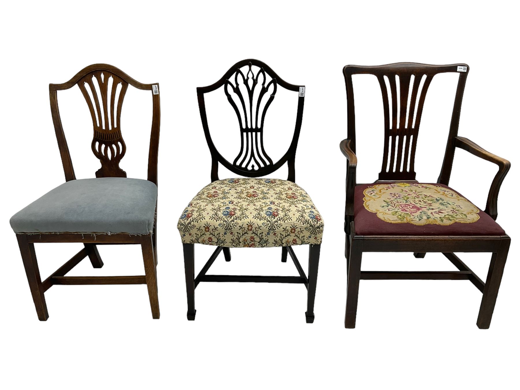 Early 19th century elm side chair, shaped cresting rail over vasiform splat with pierced decoration (W53cm, H96cm); Hepplewhite period mahogany side chair, shield back with pierced splat, on square tapering supports with spade feet (W55cm, H99cm); George III walnut elbow chair, shaped cresting rail and moulded frame, upholstered drop-in seat, on square supports with inner chamfer (W59cm, H95cm) (3)