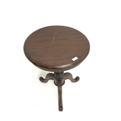 Victorian style mahogany occasional table, single turned and carved column on three scrolling feet (D51cm, H69cm) and a Bevan Funnell Reprodux cross banded mahogany occasional table, turned column on four reeded sabre supports (D61cm, H52cm)