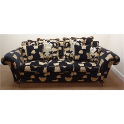  Duresta three seat sofa, scrolled arms upholstered in a black fabric with classical architectural prints (W240cm) and pair matching Howard style armchairs (W107cm) (3)  