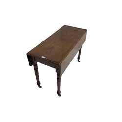 19th century mahogany drop leaf Pembroke table, fitted with single frieze drawer, on turned supports with brass and ceramic 