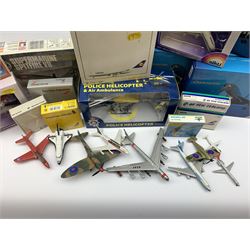 Three Schabak 1/250th scale die-cast models of Concorde, all boxed; nine boxed promotional models of airliners; Richmond Toys model of Wiltshire Police Helicopter and Air Ambulance, boxed; nine unboxed die-cast models of aircraft; and factory sealed Airfix plastic model kit of a Supermarine Spitfire VB