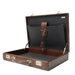 Fendi structured briefcase, brown FF monogram embossed leather with linear texture and single rolled leather top handle, silver-tone hardware, the hinged frame secured by two central push-lock clasps and supplied with two keys stamped CGV, the interior lined in black cross-grain leather with document compartments and metal plaque stamped FENDI S.A.S. ROMA MADE IN ITALY, W42cm D32cm H8cm