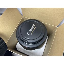 Quantity of camera accessories and equipment, to include boxed Canon EFS 17-55mm IS lens, Canon 59s camera, Olympus camera, etc
