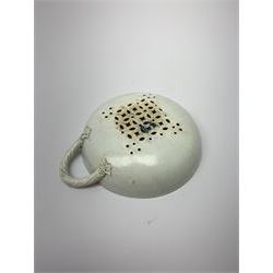 Late 18th/early 19th century Leeds Pottery egg drainer, the pierced bowl of circular form decorated with blue transfer printed floral spray and floral border, the twisted handle with foliate mounts, bowl D9cm