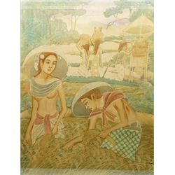 Balinese School (20th century): Wheat Farming, batik painting signed with initials HSYK 90cm x 70cm