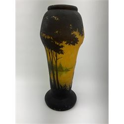 Reproduction Daum Nancy art nouveau style overlay and cut glass vase  decorated with woodland and a lake scene on a yellow ground, H35cm. 