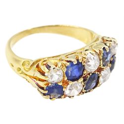 Victorian 18ct gold two row diamond and sapphire ring, alternating circular and oval mixed cut sapphires and old cut diamonds, total diamond weight approx 0.75 carat