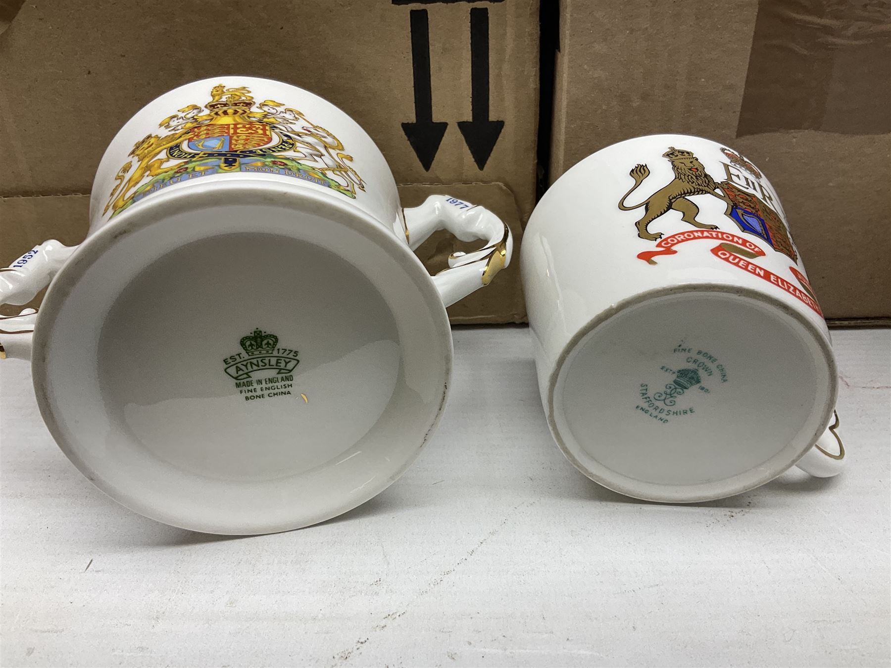 Collection of Victorian and later commemorative mugs, to include Queen Victoria 1887 Jubilee cup, Rd No. 64761, Royal Doulton Victory and Peace mug, 1919, Rd 666159, Royal Doulton King Edward VII blue transfer coronation, Royal Doulton 1937 George Coronation, Harrods Limited Rulers Of An Empire on Which The Sun Never Sets, Royal Worcester Victory in the Gulf, two Shelley examples, Spode limited edition Queen Elizabeth II Golden Jubilee etc in two boxes