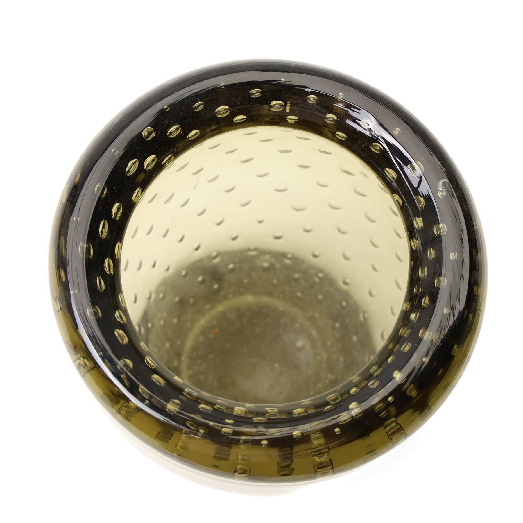Whitefriars 'Controlled Bubble' vase, in the Twilight colourway, H19.5cm; together with a West German pitcher, H37cm, and Poole pottery twin handled dish, D28cm (3)