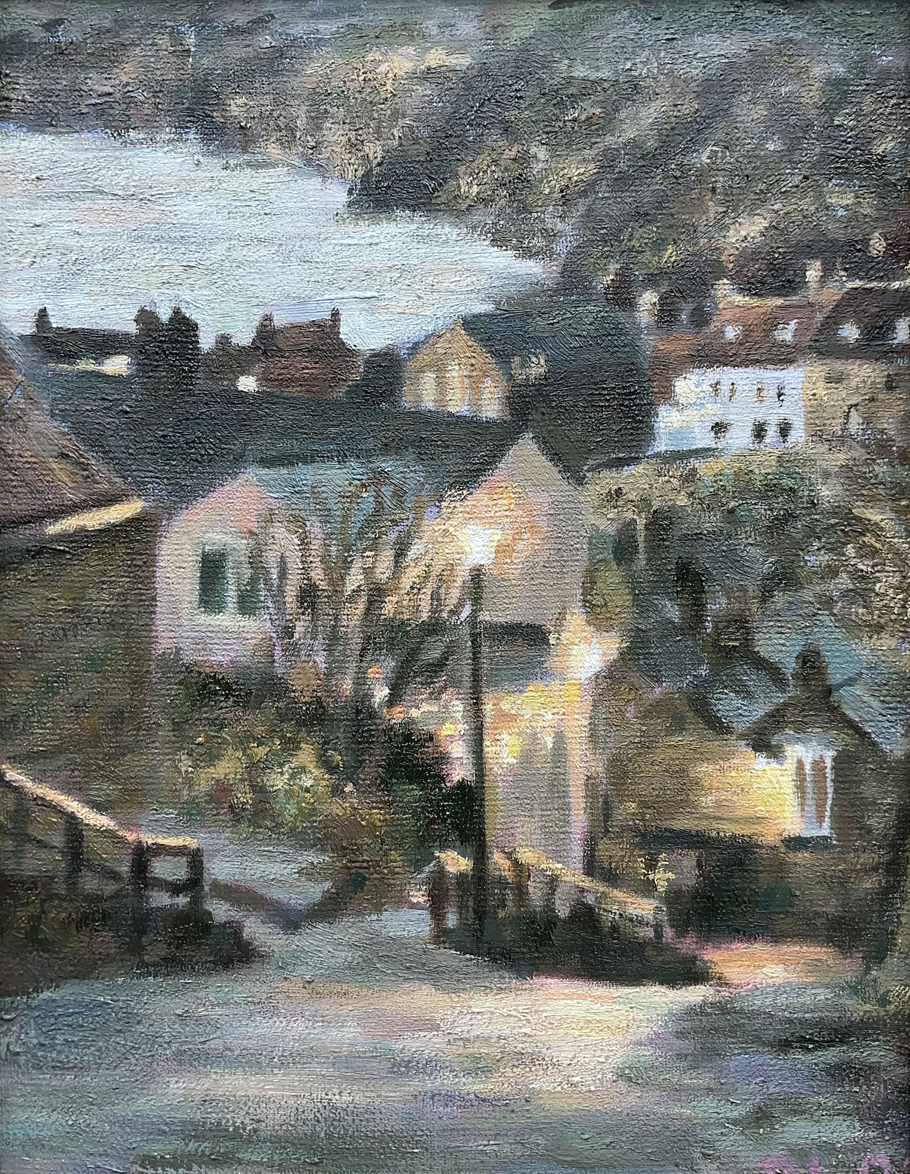 Peter Langley (British Contemporary): 'Morning Light - Robin Hood's Bay', oil on board signed with initials, titled and dated 2004 verso 21cm x 17cm