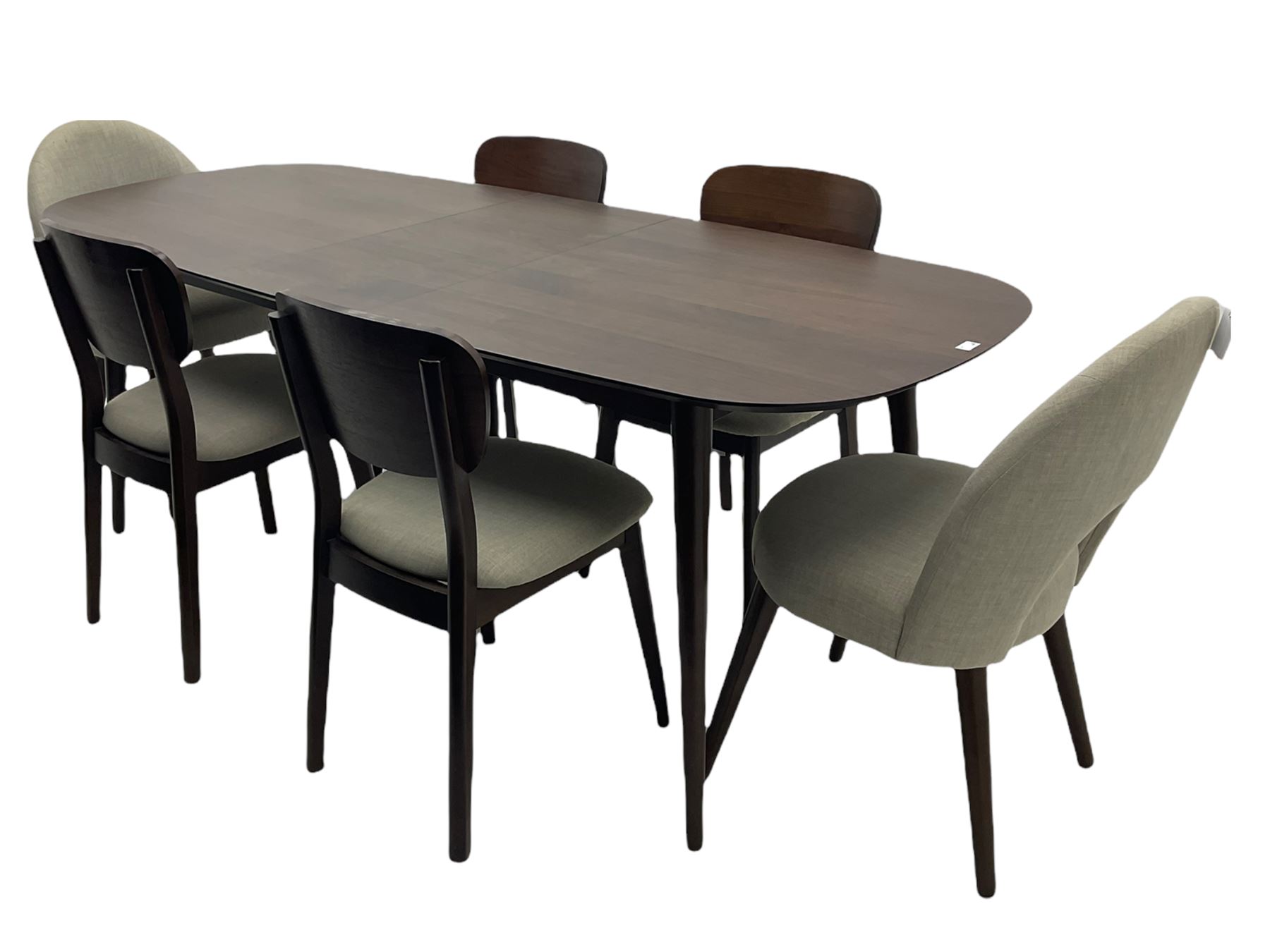 Bentley Designs - Premier collection 'Oslo' contemporary walnut extending dining table and six chairs upholstered in steel grey fabric. 