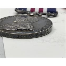 WW1 Military Medal KIA group of four comprising MM, British War Medal, 1914-15 Star and Victory Medal awarded to 32225 Pte. (later A.Sjt.) E.L. Holmes R.A.M.C., the MM inscribed 28F/A R.A.M.C.; all with ribbons; together with photocopied research material including newspaper article with presentation photograph, CWGC certificate,  London Gazette entry etc