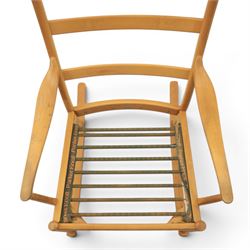 Parker Knoll -model '480' rocking beechwood chair, loose seat cushions above an elasticated webbing seat, curved rocker base 