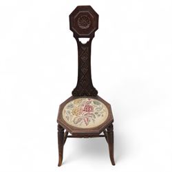 Early 20th-century carved hall chair with a floral needlework panel seat and an early 20th-century brass embossed log box, 102x45cm and 61x38x51cm (2)