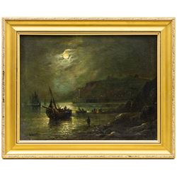 Walter Linsley Meegan (British c1860-1944): Whitby Harbour from Upgang by Moonlight, oil on canvas signed and dated 1878, 33cm x 43cm 
Provenance: private collection, purchased David Duggleby Ltd 25th March 2023 Lot 79; Meegan was the  maternal great-grandfather of the original vendor.