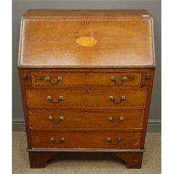  Edwardian inlaid mahogany bureau, fall front enclosing fitted interior, one short and three long drawers, bracket supports, W77cm, H99cm, D42cm  