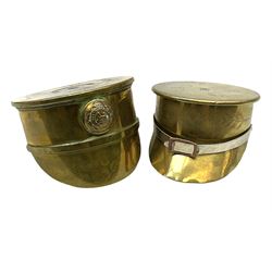 Two WWI brass trench art peaked caps made from shell cases, stamped 1916 and 1917, largest D10cm