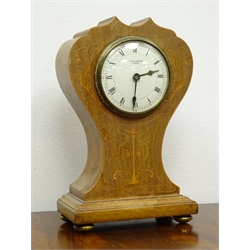  Art Nouveau inlaid mahogany cased mantel clock, white Roman dial inscribed Dyson & Sons Leeds, brass bezel and ball feet, H26cm  