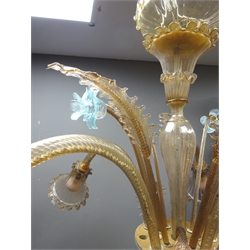  Early 20th century Venetian five light chandelier, having spiral twist S shaped branches with coloured glass flower heads and scrolling leaves, H80cm   
