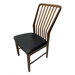 Svend Aage Madsen for Moreddi - set of four teak dining chairs, angular vertical slat back over upholstered seat, on turned front supports 