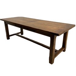 Antix French oak dining table with two leaves, two frieze drawers;, and six ladder back chairs with rush seats