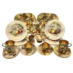 Early 20th century Royal Worcester coffee service for six place settings, comprising coffee pot of baluster form, twin handled pedestal sucrier, cream jug, six coffee cans and saucers, six side plates, and two cake plates, each hand painted with fruit upon a mossy ground, signed F Roberts, Ricketts, and H Price, each with puce printed marks beneath 