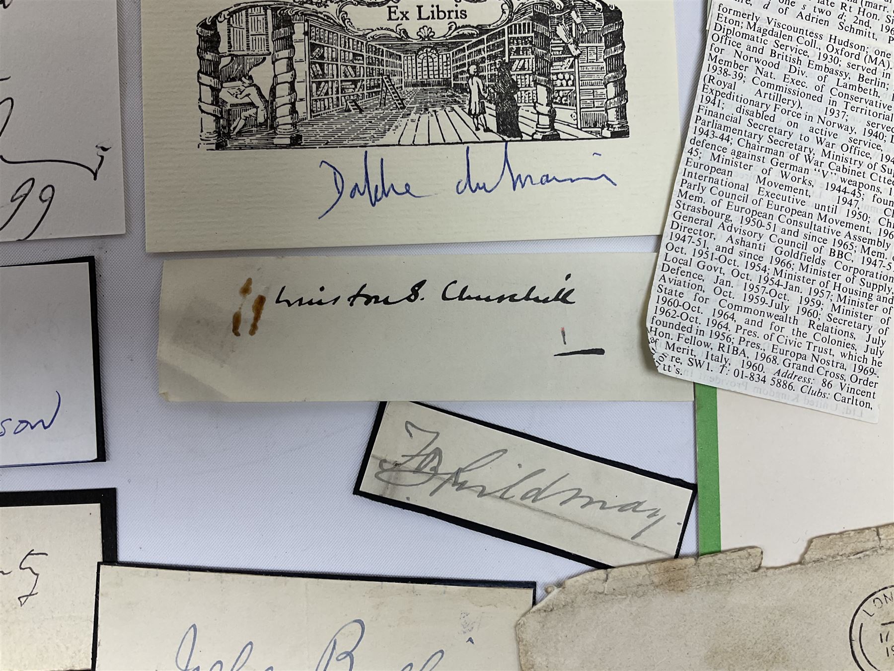 Approximately 500 autographs, signed letters, signed photographs etc from famous individuals including Duke Ellington, Ted Hughes, Daphne du Maurier, Archibald Sinclair, Marlene Dietrich, John Bright, Lord Hailsham and many others