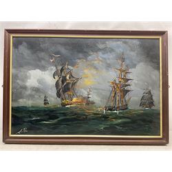 AW Ross (20th century): A Sea Battle, oil on board signed 59cm x 90cm