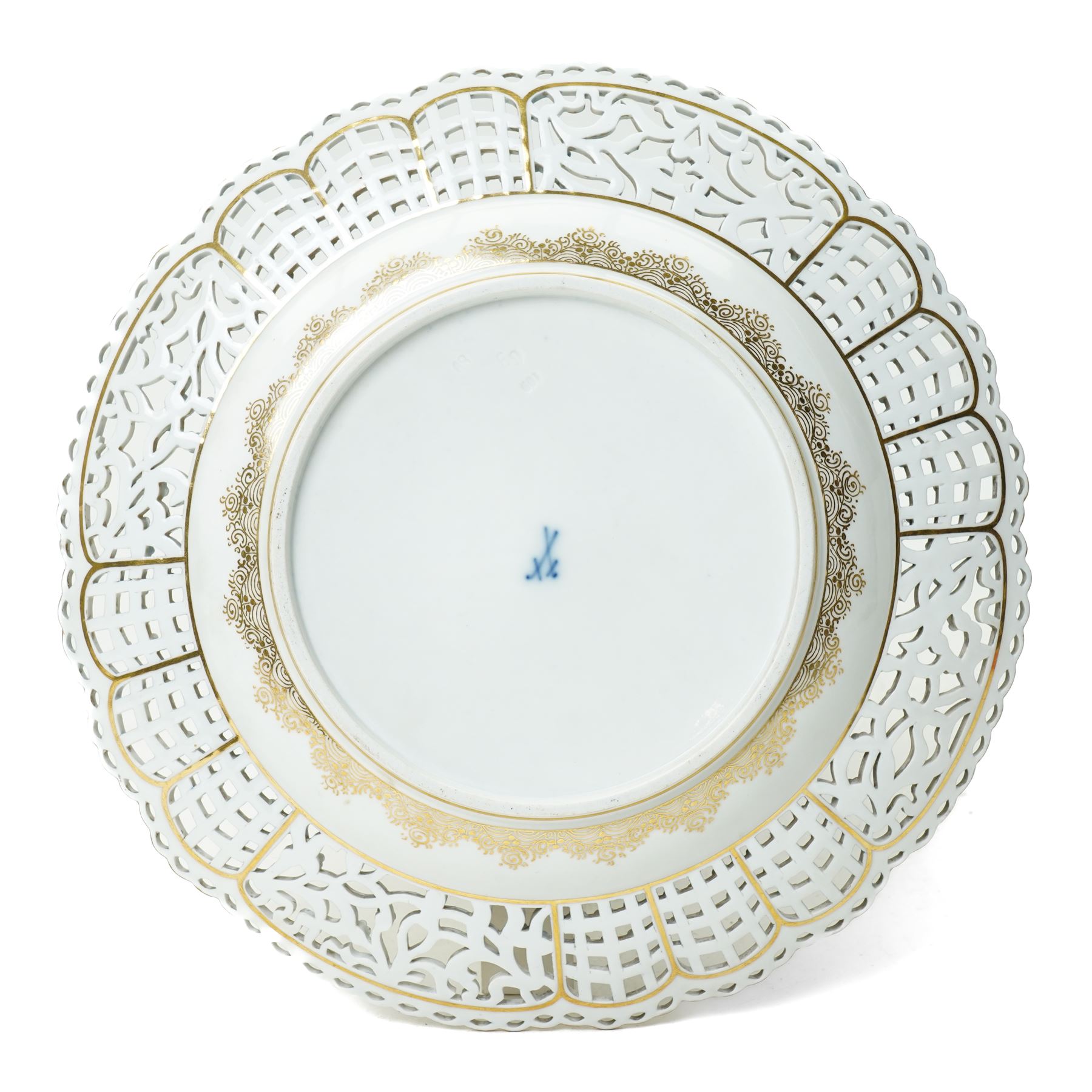 19th century Meissen cabinet plate, the reticulated border modelled with trellis panels and forget-me-nots,  the cobalt blue well with gilt bordered central reserve painted with a scene of a hunting party after Philips Wouwerman (Dutch 1619-1668), underglaze blue crossed swords and indistinct impressed numbers verso, D26cm