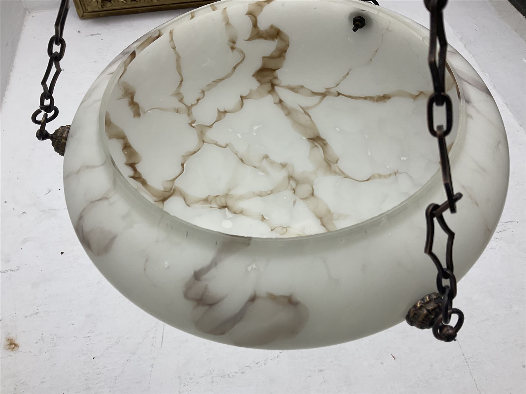 Art Deco style frosted glass marbled fly catcher light shade, suspended by three chains, D31cm