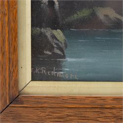 Edward King Redmore (British 1860-1941): Two Boat Scenes with Headlands, two oils on board, together with two further scenes of boats, max 17cm x 18.5cm (4) (one unframed)