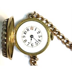 Continental early 20th century 18ct gold ladies manual wind wristwatch, stamped K18 with old cut diamond bezel, on 12ct rose gold curb link bracelet, retailed by Carrington & Co, Regents street, in silk lined fitted case 