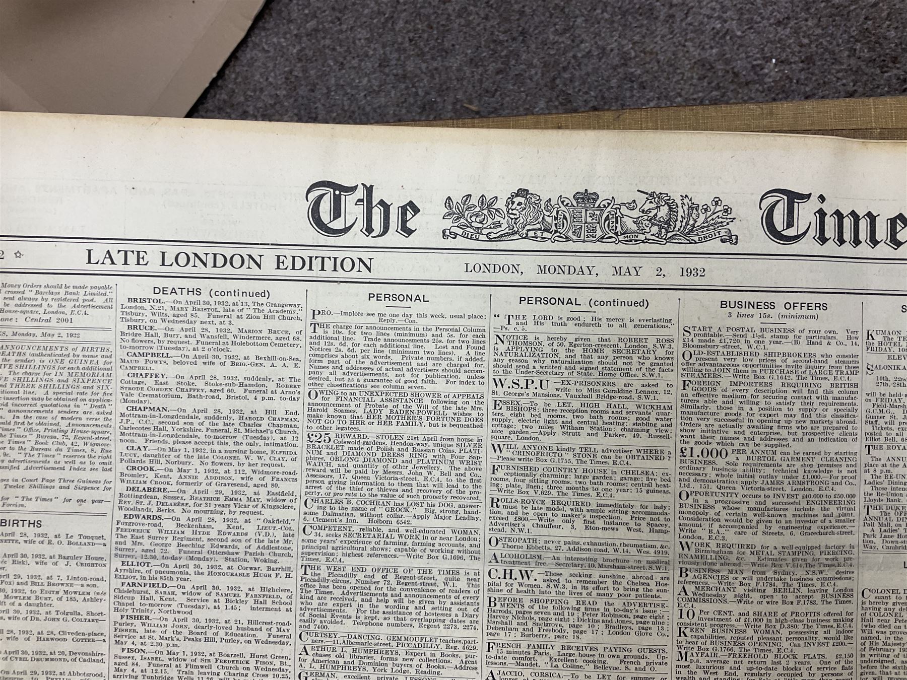 The Times Newspaper; an archive of The Times newspapers bound as five albums comprising, 1930 July & August, 1924, May & June, 1932 May & June, 1934 May & June, 1935 May & June