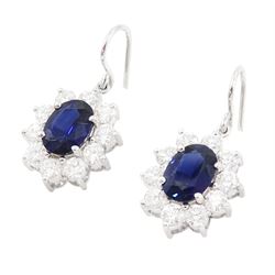 Pair of 18ct white gold oval cut sapphire and round brilliant cut diamond pendant earrings, total sapphire weight approx 2.65 carat, total diamond weight approx  2.00 carat
