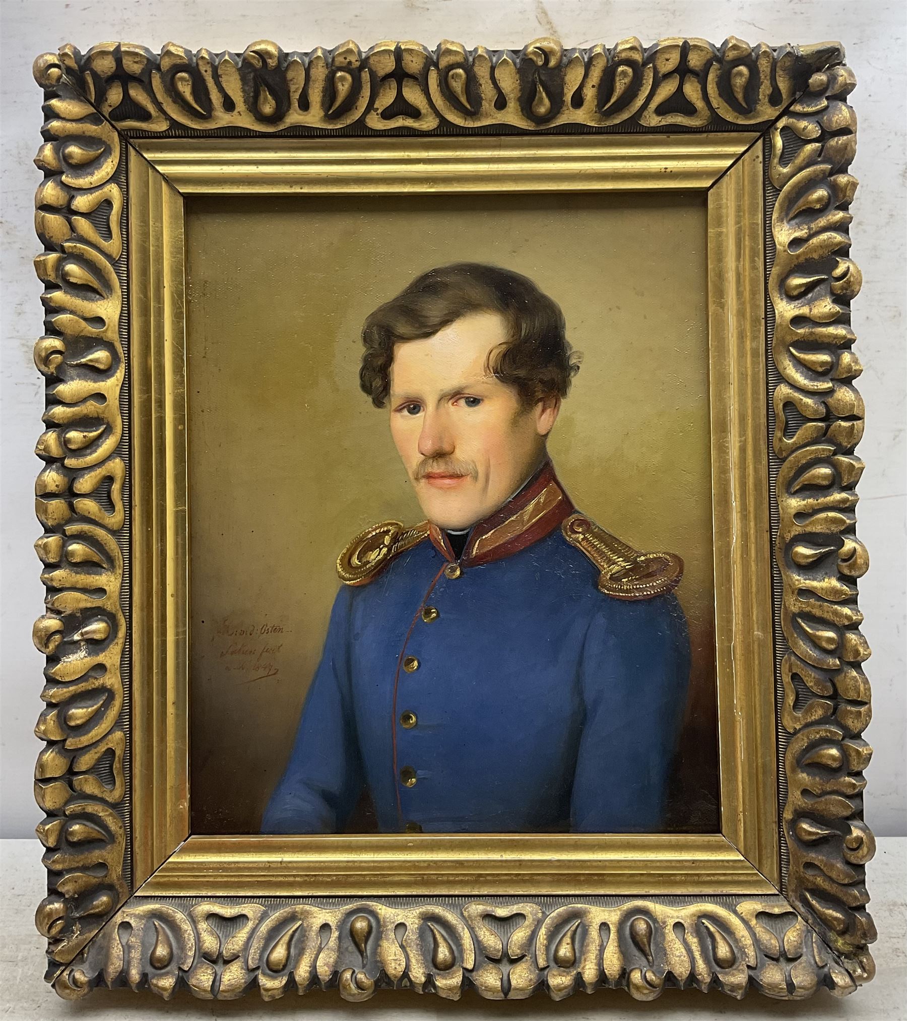 Manner of George Dawe (British 1781-1829): Portrait of a Prussian Officer, inscribed and dated 1847, 34cm x 28cm
Notes: the inscription suggests this work could be attributed to a member of the Von der Osten-Sacken family, a distinguished German-Baltic noble family. Given that many of the family members occupied prominent military positions, it is also plausible that this piece depicts one of them.