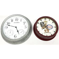 Esso Advertising Wall Clock, 'Put A Tiger In Your Tank', together with Jones & Co wall clock, largest example D40cm