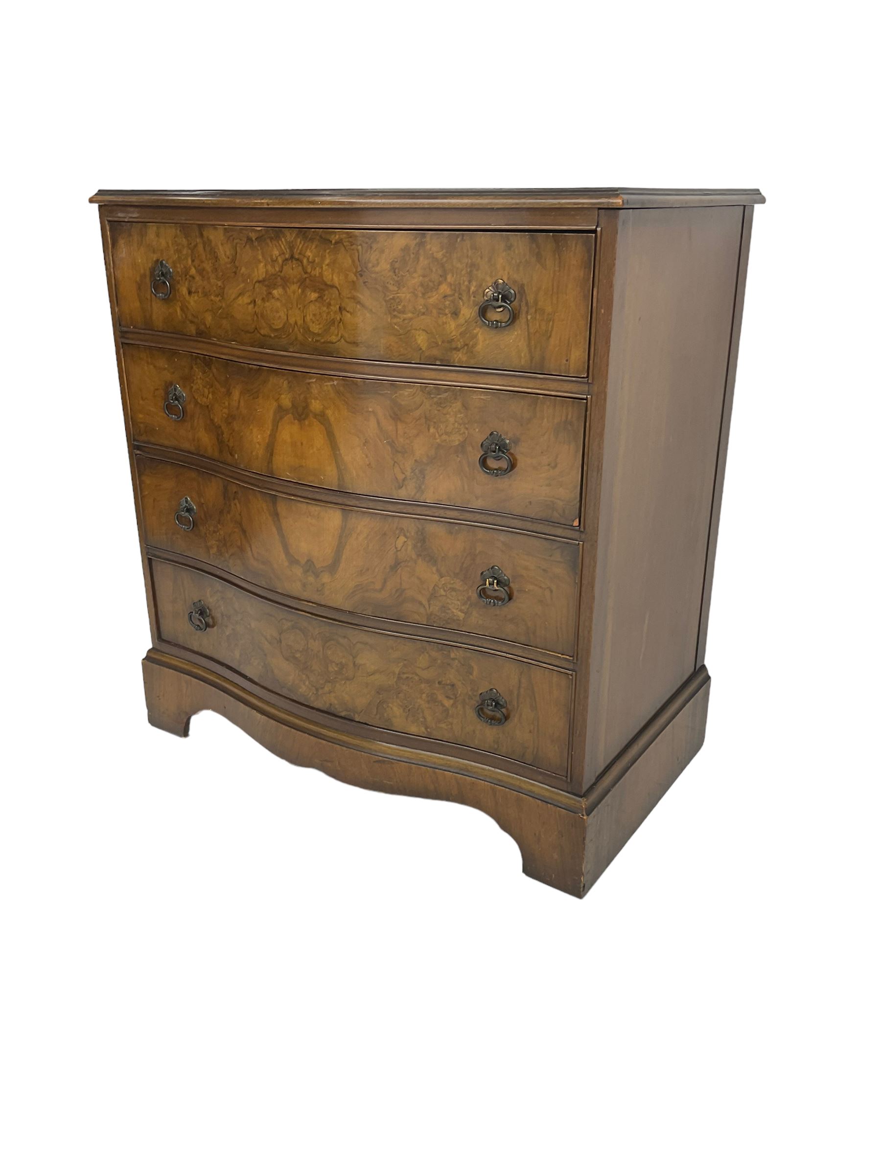 Early 20th century burr walnut serpentine chest, fitted with four drawers, on bracket feet