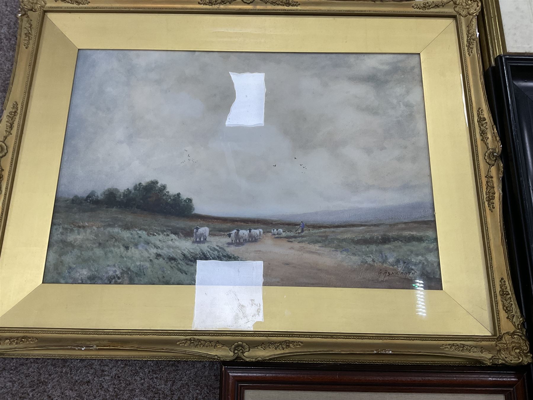 Collection of oil paintings and watercolours, artists to include, J Douglas, AH Angel, G Ashworth, portrait oil, Stuart Walton signed print, two William Widgery prints, etc