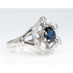  White gold hexagonal ring set with sapphire and diamonds hallmarked 18ct   