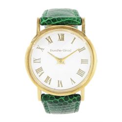 Bueche-Girod 9ct gold, manual wind wristwatch, white dial with Roman numeral hour markers, London 1977, on green leather strap
