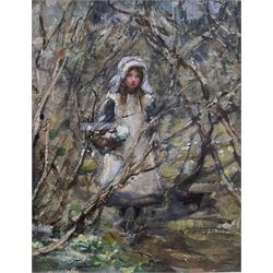 Rowland Henry Hill (Staithes Group 1873-1952): Girl in Woodland above Runswick (possibly a study for The Primrose Gatherer oil 1908), watercolour signed 15cm x 12cm 
Provenance: private collection purchased David Duggleby Ltd. 8th June 2015 Lot 215
