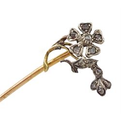 Early 20th century silver paste stone set glazed locket bow pendant, gold and silver rose cut diamond flower head stick pin