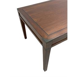 20th century military campaign design oak office or dining table, rectangular top with ebony banding and metal mounted corners, fitted with six drawers with recessed handle plates, on square tapering supports