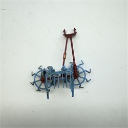 Britains 1:32 scale farm implements, vehicles and figures,  comprising 9563 Hay Baler, 9539 Seed Drill, 9534 Disc Harrow, 9537 Acrobat Rake, 9530 Three Furrow Plough, 9547 Horse Box with Horse, 9576 Farm Land Rover, 2078 male Rider with Horse, 9533 Roller, 9538 Vari-Spreader, 9536 Cultivator, three 1742 Hay Bales, 1740 Milk Churns and 1741 Sacks, all boxed, together with trees, walls, buildings and loose vehicles