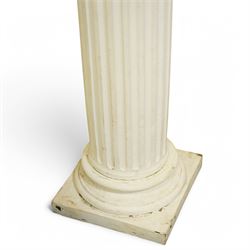 Pair of cast composite Corinthian architectural columns, the Corinthian capital decorated with scrolls and curled acanthus leaves, bulbous fluted shaft on moulded foot and square base 