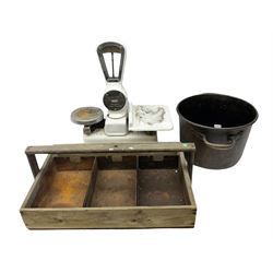 W & T Avery scales, together with a tool trug and twin handled pan, in one box 