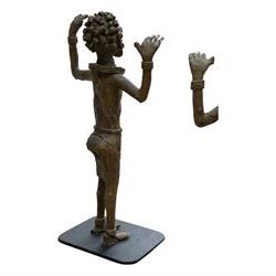 Pair of Benin bronze statures, modelled as a male and female, with armed raised, upon a square base, H76cm